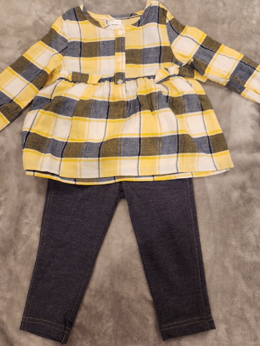 NWT Carters Yellow Gray Plaid Baby Dress & Leggings Set, Size 18M